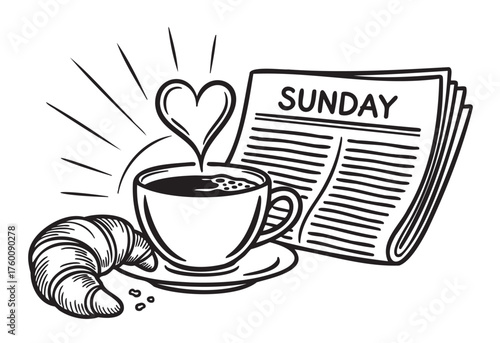 Black and white illustration of a cup of coffee with a heart-shaped steam, a croissant, and a newspaper labeled sunday, symbolizing a relaxed morning routine.