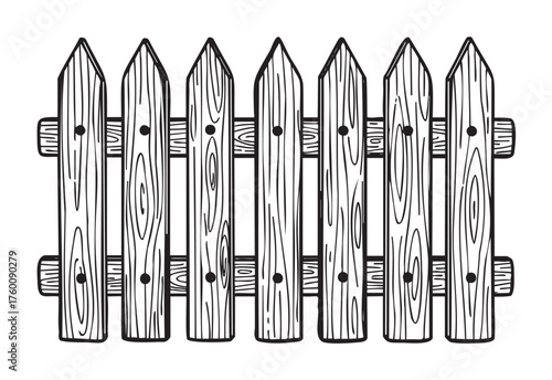 Black and white line drawing of a wooden picket fence with distinct grain texture and six evenly spaced vertical slats.