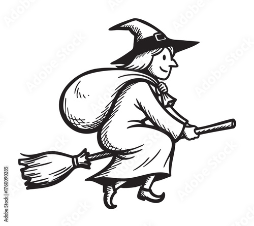 Black and white illustration of a witch flying on a broomstick with a sack, wearing a pointed hat and cloak.
