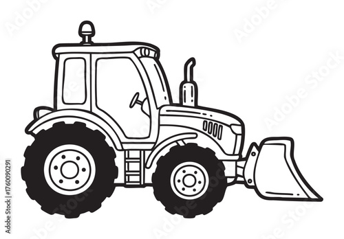 Black outline vector icon of a simple tractor with large wheels and a front loader for agricultural and construction purposes.