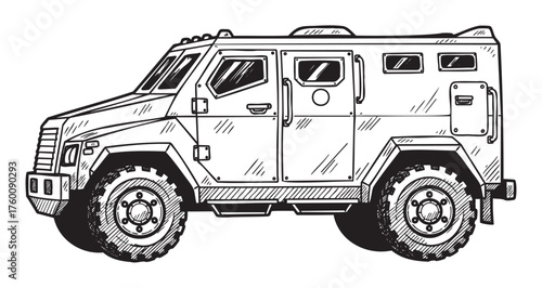 Black outline drawing of an armored military vehicle with robust tires and multiple windows, designed for high security and defense purposes.
