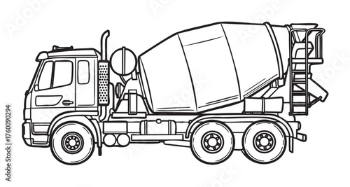 Black outline drawing of a cement mixer truck with detailed features, including a rotating drum for mixing concrete on a construction site.
