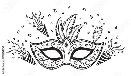 Intricately decorated masquerade mask adorned with feathers and surrounded by festive elements like confetti and party poppers.