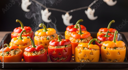 Stuffed Bell Peppers with Jack-O’-Lantern Faces for Halloween.