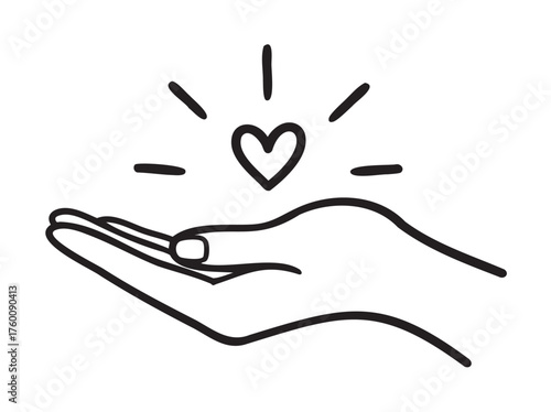 Black outline drawing of an open hand with an uplifted heart and radiating lines, symbolizing care, love, and generosity.