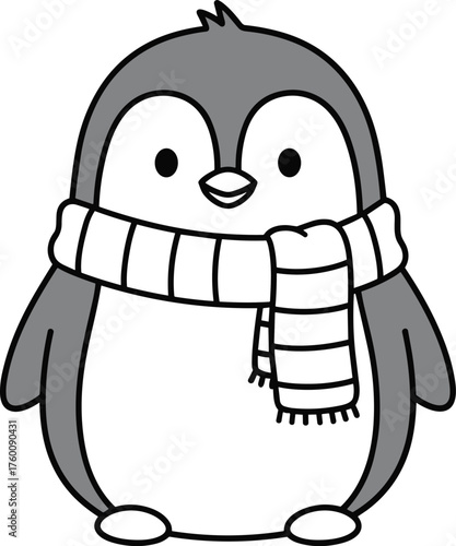 Adorable cartoon penguin wearing a striped scarf ready for winter fun