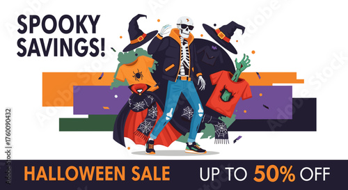 Halloween sale banner with stylish skeleton character and spooky costume discounts