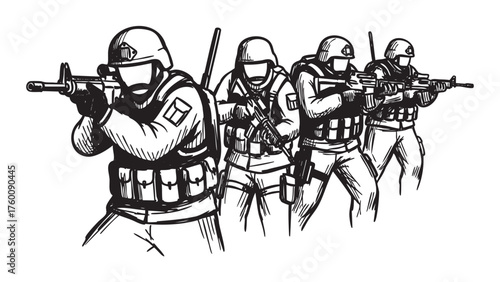 Black and white sketch of four armed soldiers in tactical gear, moving in formation with rifles aimed forward, depicting a military or combat readiness scene.