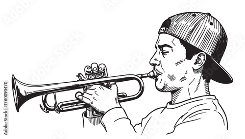 Black and white sketch of a caucasian male trumpeter, wearing a backward cap, intensely playing the trumpet with visible concentration.