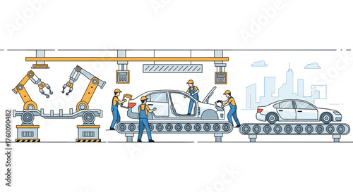 Automotive production line illustration showing robots and workers assembling a car in a factory