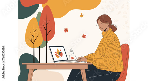 Remote worker in yellow sweater enjoying coffee during autumn