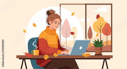 Cozy remote work Woman uses laptop in autumn home office with coffee and fall foliage view