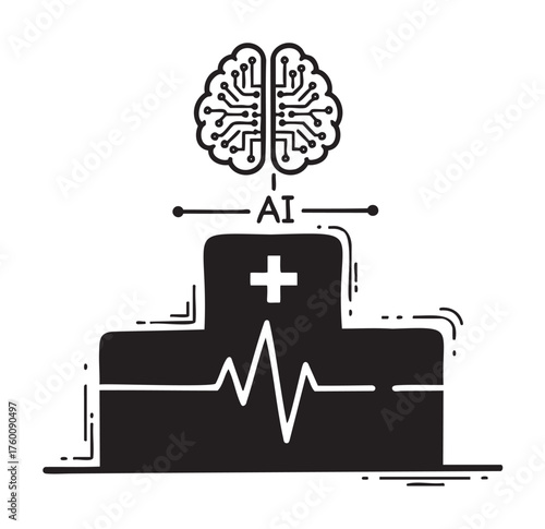 Black outline vector icon showing a brain with circuit patterns above a medical building with an ai label and an ekg line, representing ai in healthcare.