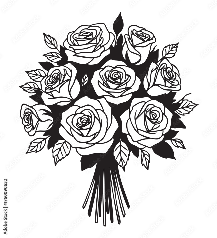 Obraz premium Black outline illustration of a bouquet of roses with detailed petals and leaves, arranged in a round, symmetrical design.