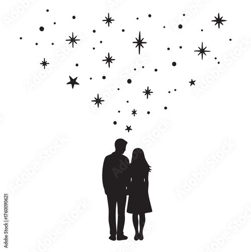 Silhouette of a man and woman standing closely under a starry night sky with scattered stars and dots above.
