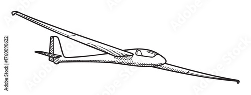 Black outline drawing of a glider airplane in flight, featuring a sleek fuselage and long wings, designed for soaring and aerodynamic performance.