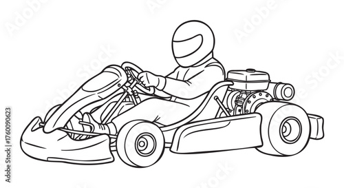 Black and white line drawing of a person in a helmet driving a go-kart with visible engine and detailed framework.