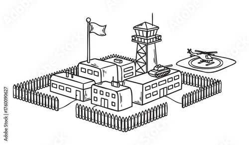 Black and white line drawing of a military base featuring buildings, a watchtower, a flag, and a helicopter on a landing pad, surrounded by a fence.