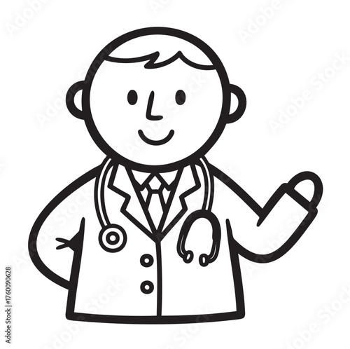 Black outline drawing of a smiling male doctor wearing a stethoscope and a suit, portrayed in a simplistic cartoon style.