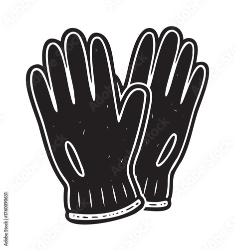 Black outline drawing of a pair of gloves facing upward, designed with minimalistic detailing, set against a stark.