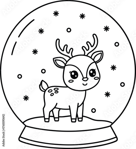 Adorable cartoon reindeer inside a snow globe with falling snowflakes illustration
