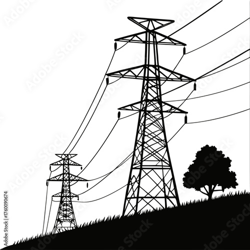 High voltage power transmission towers, electricity pylons, energy cables, birds flying, black and white silhouette, rural utility infrastructure, electric grid