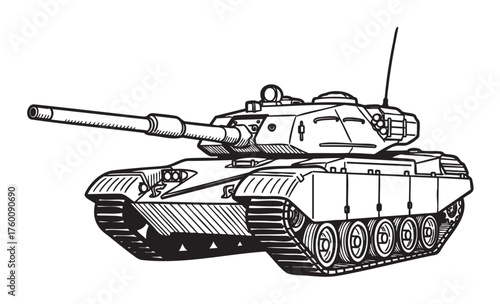 Black and white line drawing of a military tank with a long barrel and caterpillar tracks, featuring a turret and antennas.