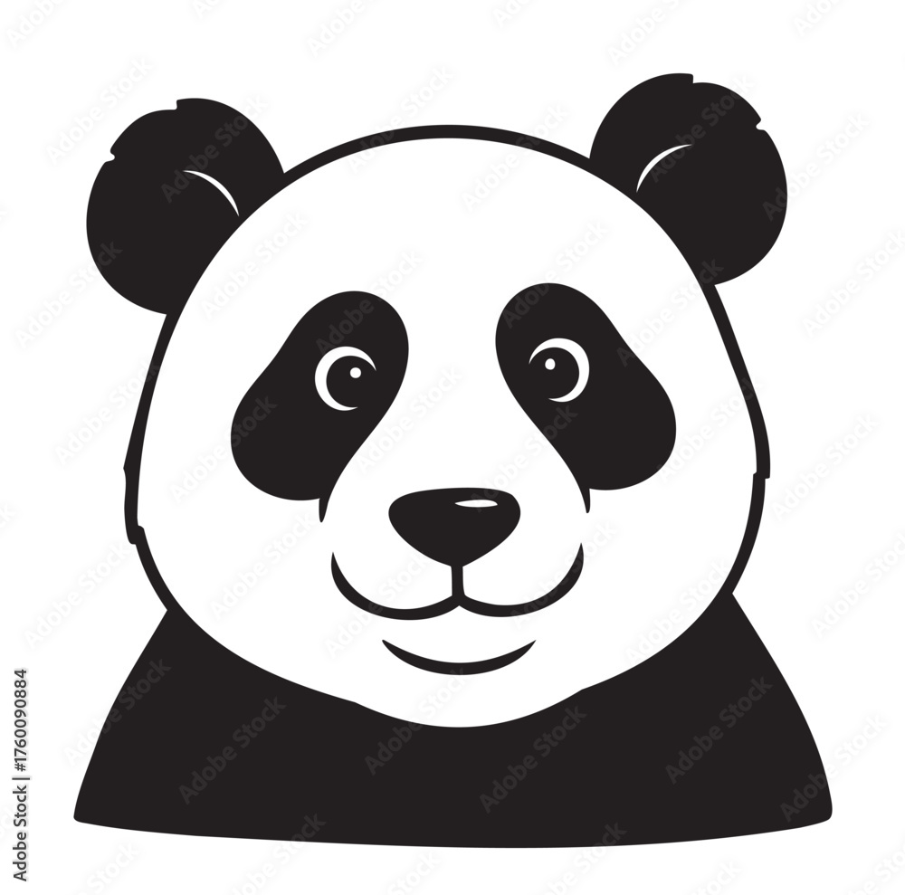 Fototapeta premium Black and white graphic of a smiling panda face with distinct round ears and expressive eyes.