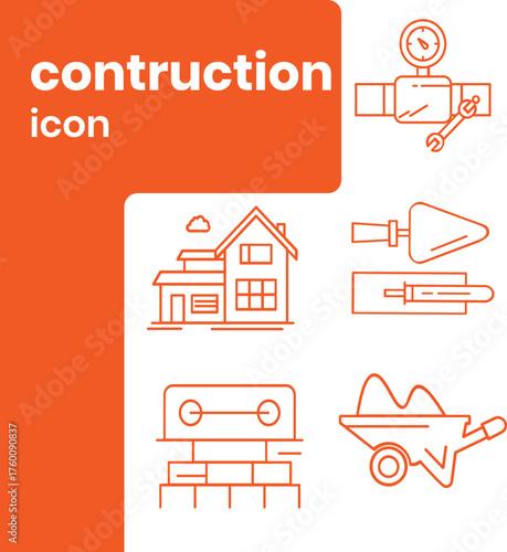 Set of construction and building icons including house trowel bricks wheelbarrow and tools in outline style