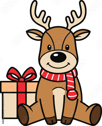 Adorable cartoon reindeer with antlers wearing a striped scarf sits beside a gift box