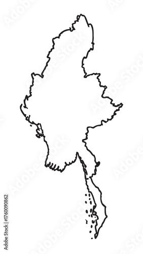 Black outline vector drawing of the country map of myanmar, showcasing its geographical shape with detailed borders and contours.