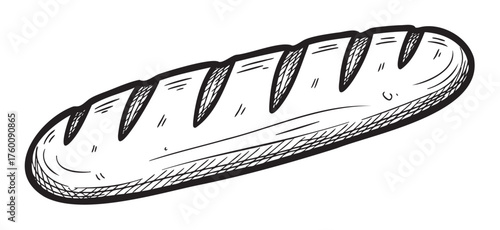 Black outline vector drawing of a baguette with diagonal slashes on top. simple sketch style illustration for bakery and bread concepts.