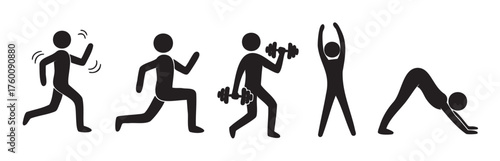 Black silhouette icons of five stick figures demonstrating various fitness exercises, including running, lunging, weightlifting, stretching, and yoga.