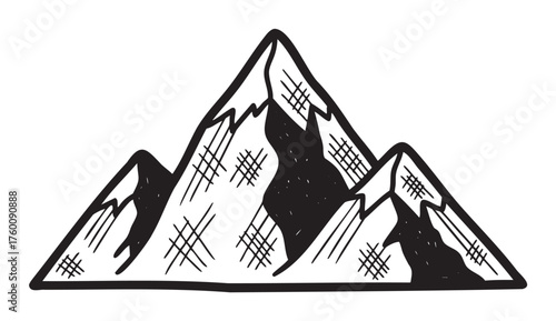 Black outline icon of snow-capped mountains with a minimalist and linear artistic style.