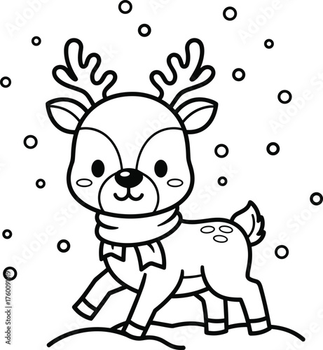 Adorable cartoon reindeer with scarf and antlers standing in falling snow