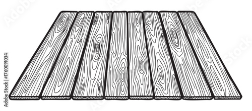 Detailed black and white line drawing of a wooden pallet with visible grain patterns and uniform planks.