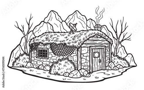 Black and white illustration of a rustic stone cabin with a thatched roof, surrounded by mountains and bare trees, featuring a smoking chimney and a satellite dish.
