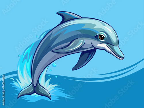 Realistic vector illustration of dolphin jumping above water surface, smooth blue-gray skin, dynamic pose, isolated on light blue background, detailed marine wildlife artwork, ocean theme