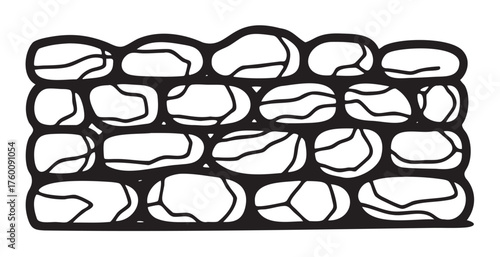 Black outline of a stone wall composed of unevenly stacked irregular oval-shaped stones.