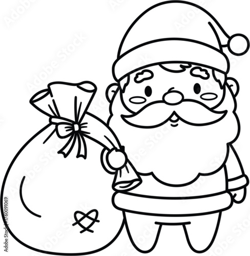 Adorable cartoon santa claus with a large sack full of presents for christmas