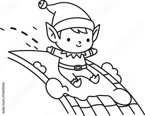 Adorable christmas elf joyfully sledding down a snowy hill in black and white