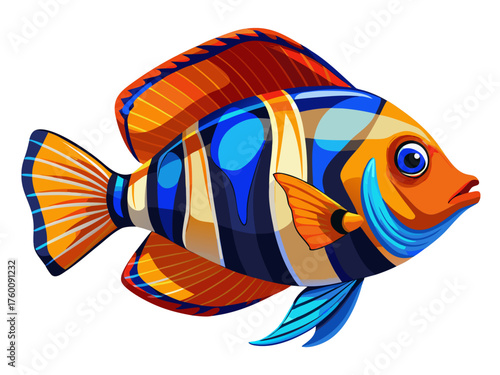 Realistic vector of colorful tropical fish swimming, bright orange and blue scales, isolated on white background, detailed marine illustration, exotic aquarium style