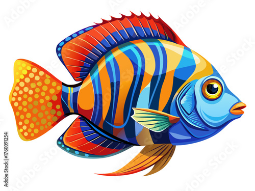 Realistic vector of colorful tropical fish swimming, bright orange and blue scales, isolated on white background, detailed marine illustration, exotic aquarium style