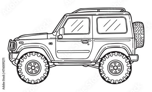 Black outline drawing of a compact off-road vehicle with large tires, showcasing a rugged design suitable for challenging terrains.