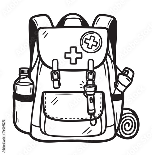 Black outline sketch of a camping backpack with a first aid badge, water bottle, flashlight, and rolled sleeping mat.