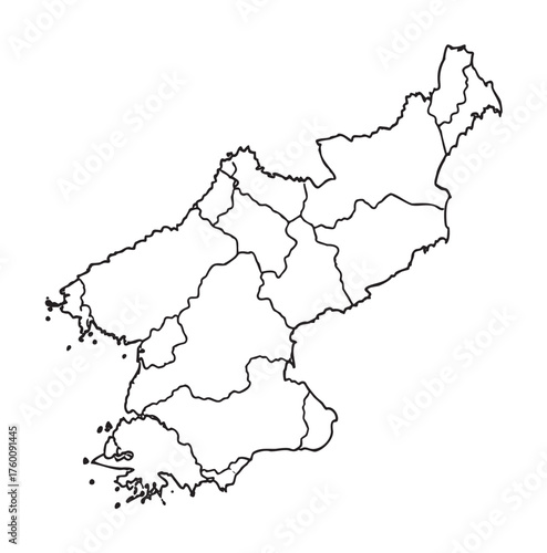 Black outline map of north korea showing its distinct provincial borders in a simplified style.