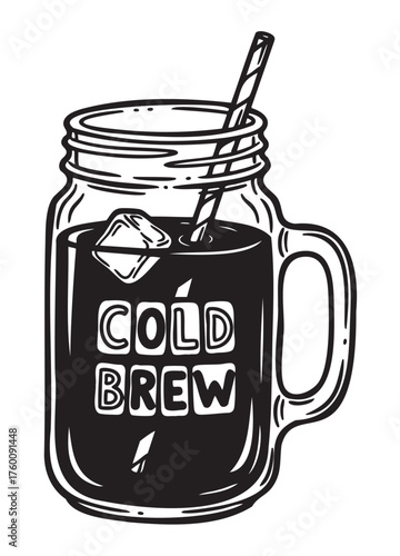 Black outline drawing of a mason jar filled with cold brew coffee, featuring ice cubes and a striped straw protruding from the top.