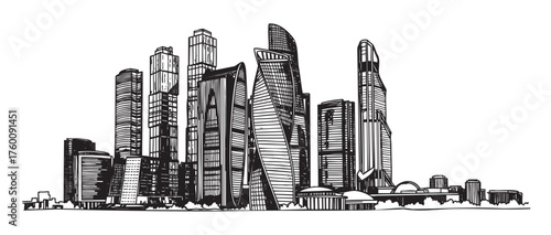 Black and white sketch of modern skyscrapers in a city skyline with varied architectural styles.