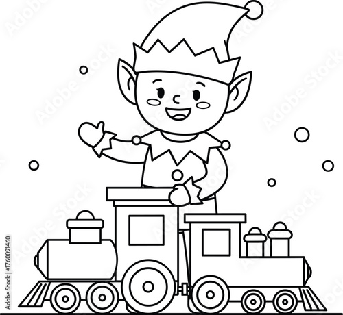 Adorable christmas elf waving while riding a toy train illustration for coloring