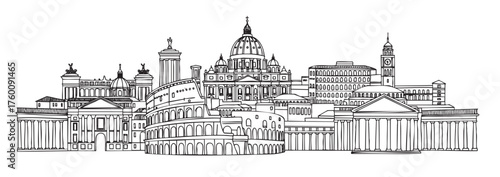 Black outline of rome's iconic skyline featuring landmarks like the colosseum, st. peter's basilica, and the pantheon in a linear style.